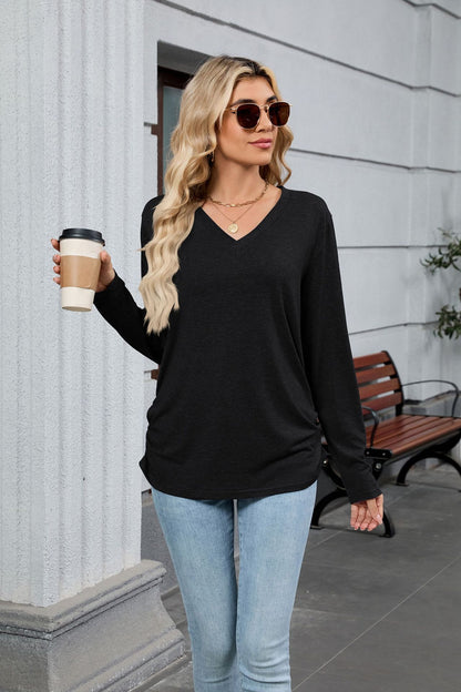 Women's V-Neck Long Sleeve Oversized Tunic Top Shirred