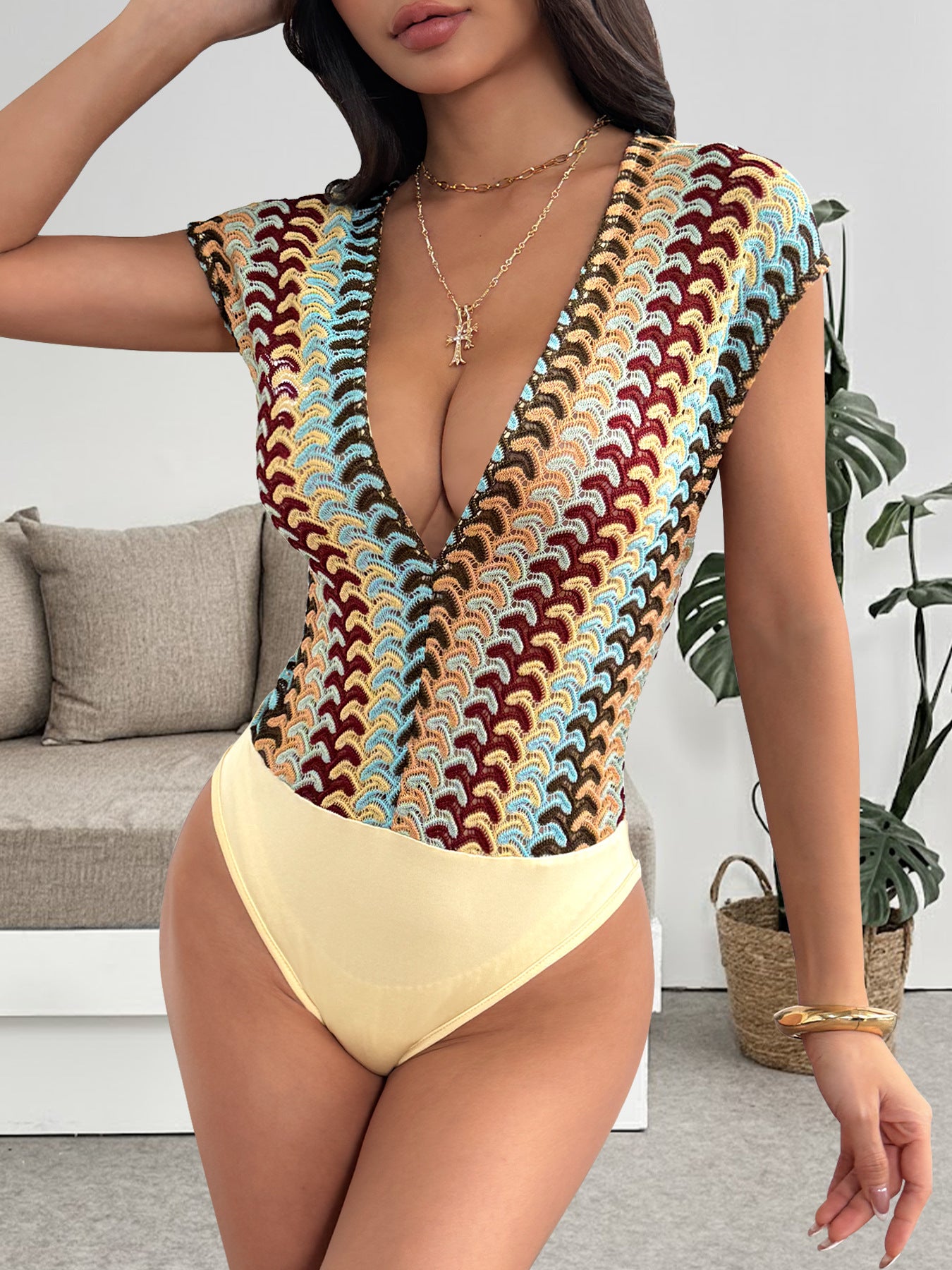 Boho Deep V Crochet Knit Bodysuit Top