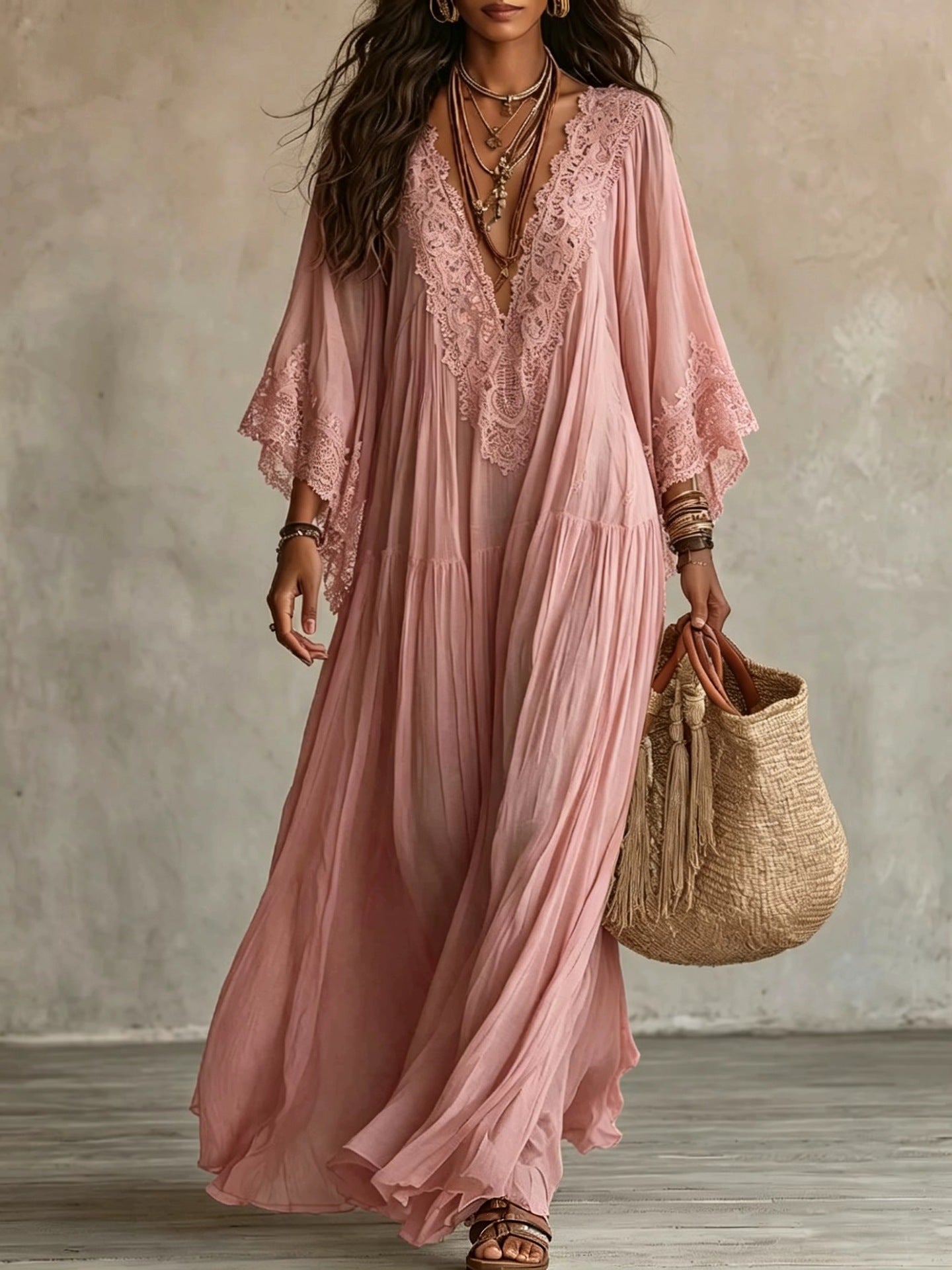 Women's Boho Lace Chiffon Long Sleeve Maxi Dress