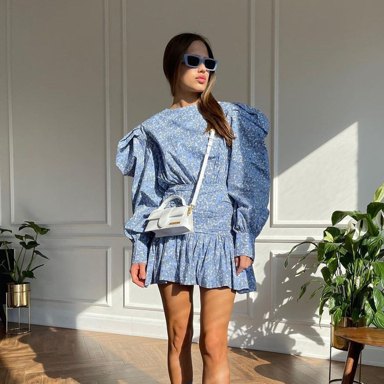Blue Floral Puff Sleeve Pleated Mini Dress