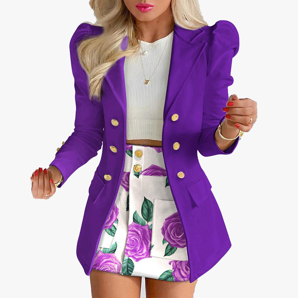 Women's Puff Sleeve Blazer Two Piece Skirt Set