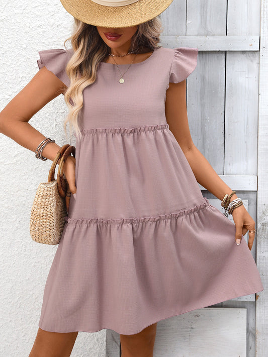 Solid Chiffon Mini Dress Boho Tiered Ruffle Flutter Sleeve