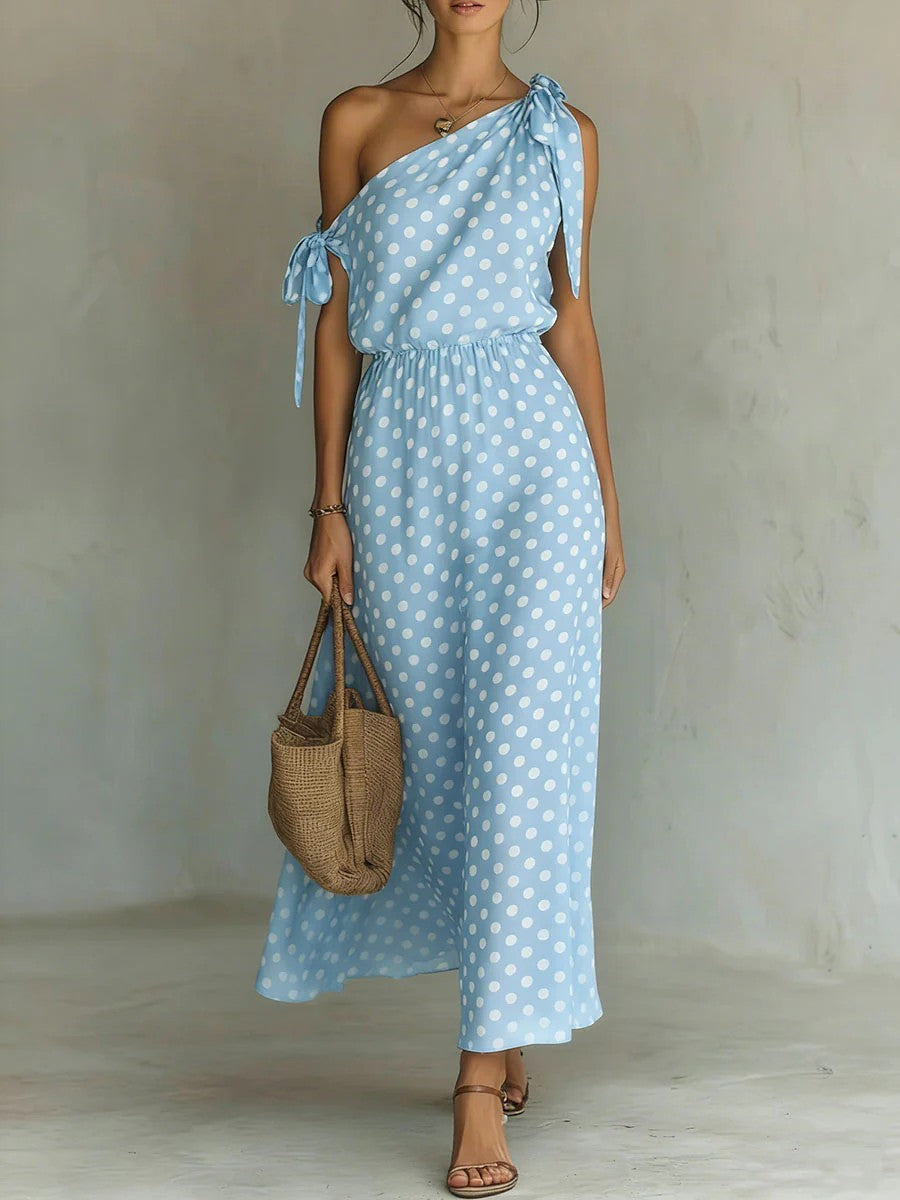 Polka Dot One Shoulder Tie Maxi Dress