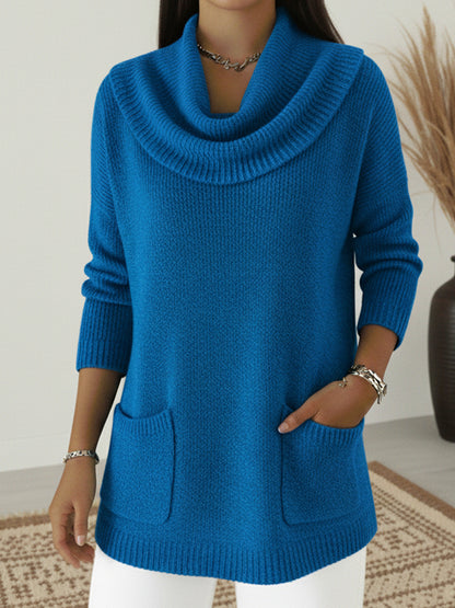 Women's Cowl Neck Long Sleeve Pocket Pullover Sweater