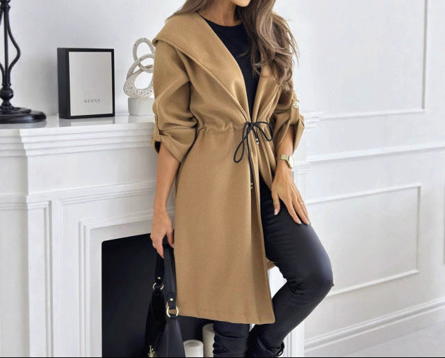 Women's Hooded Tie Waist Midi Coat Jacket