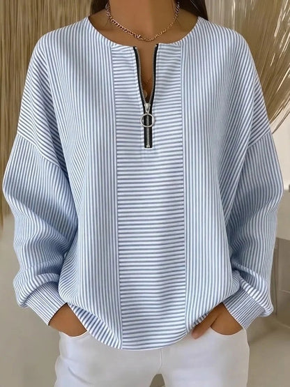 Women's Oversized Striped Half Zip Long Sleeve Top