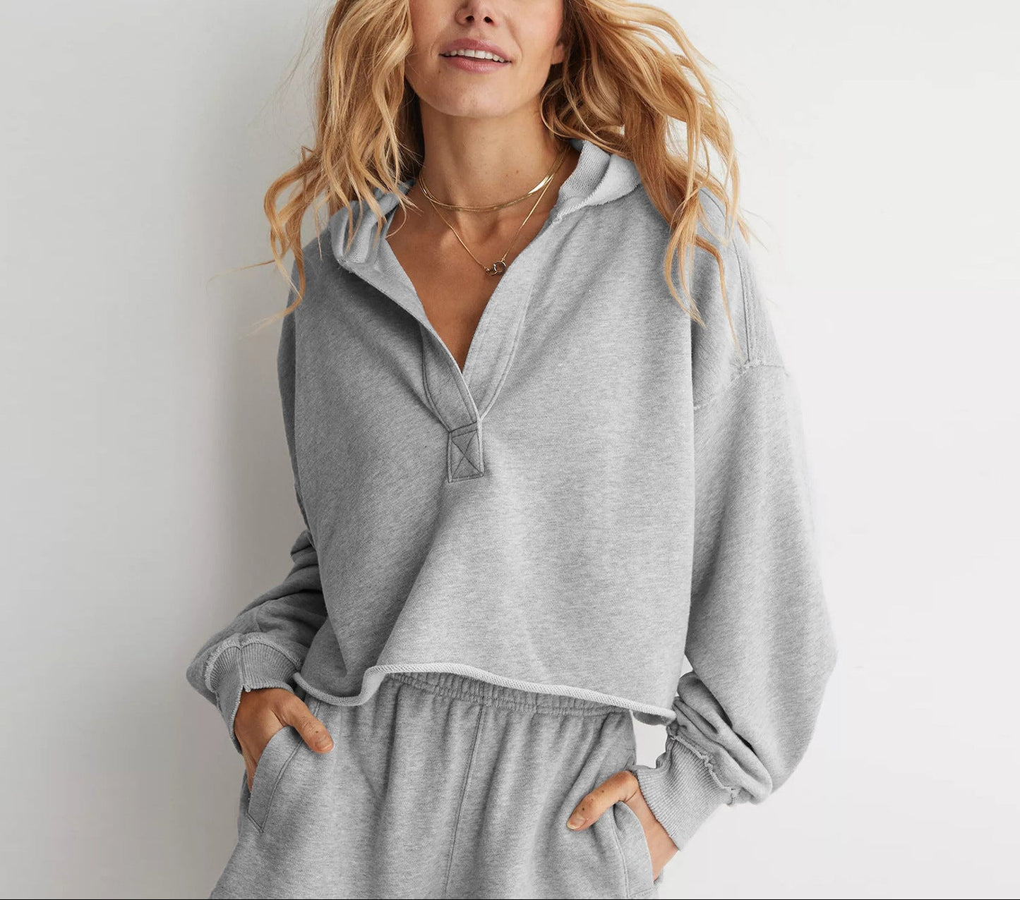 Oversized V Neck Hooded Sweatshirt Pullover Top