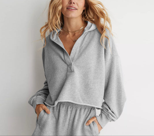 Oversized V Neck Hooded Sweatshirt Pullover Top