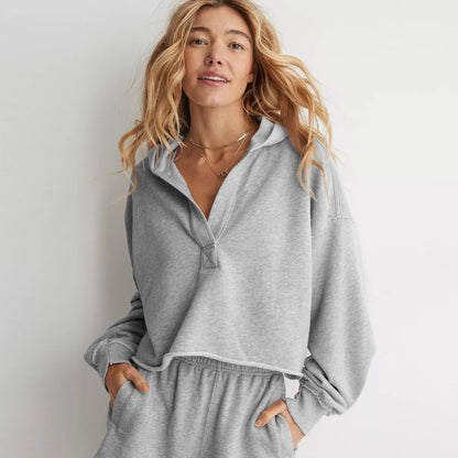 Women's Oversized Cropped Hoodie V-Neck Pullover
