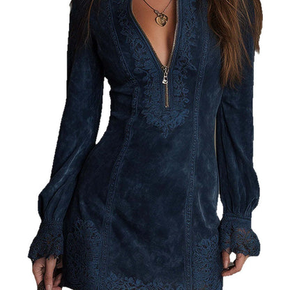 Boho Suede Lace Zip Front Long Sleeve Mini Dress
