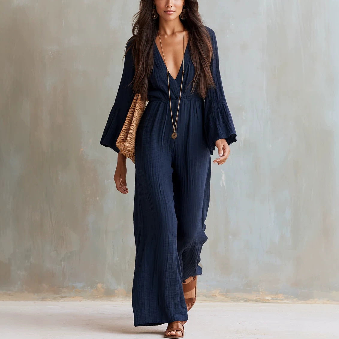 Women's Boho V-Neck Bell Sleeve Wide Leg Jumpsuit
