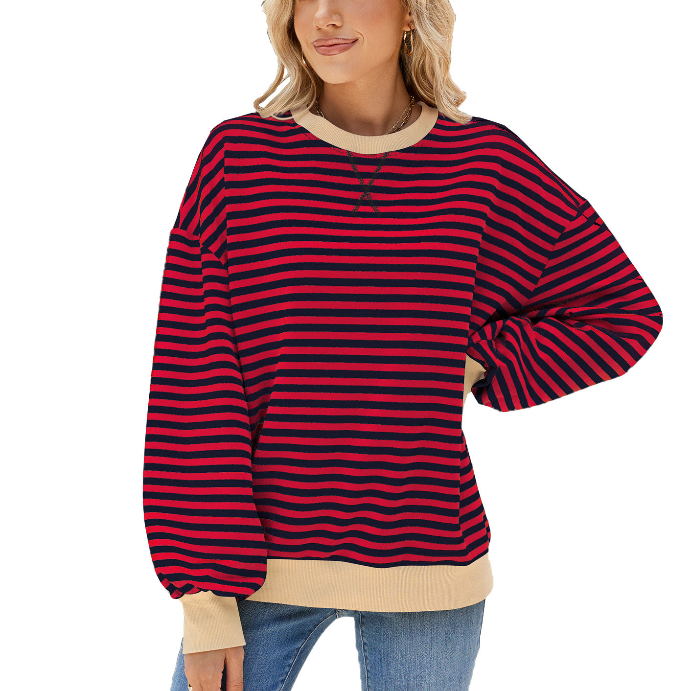 Striped Color Block Crew Neck Loose Fit Long Sleeve Sweatshirt