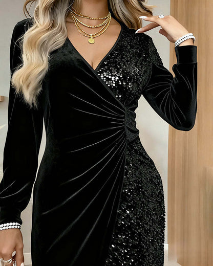 Sequin Velvet V Neck Bodycon Dress for Women