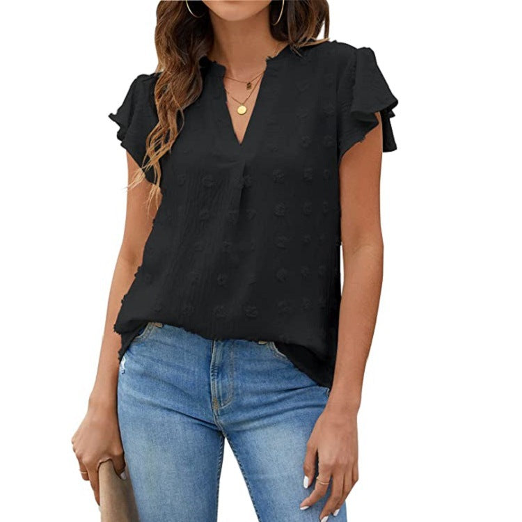Women's V-Neck Pleated Sleeve Top with Pom Poms - Perfect for Summer
