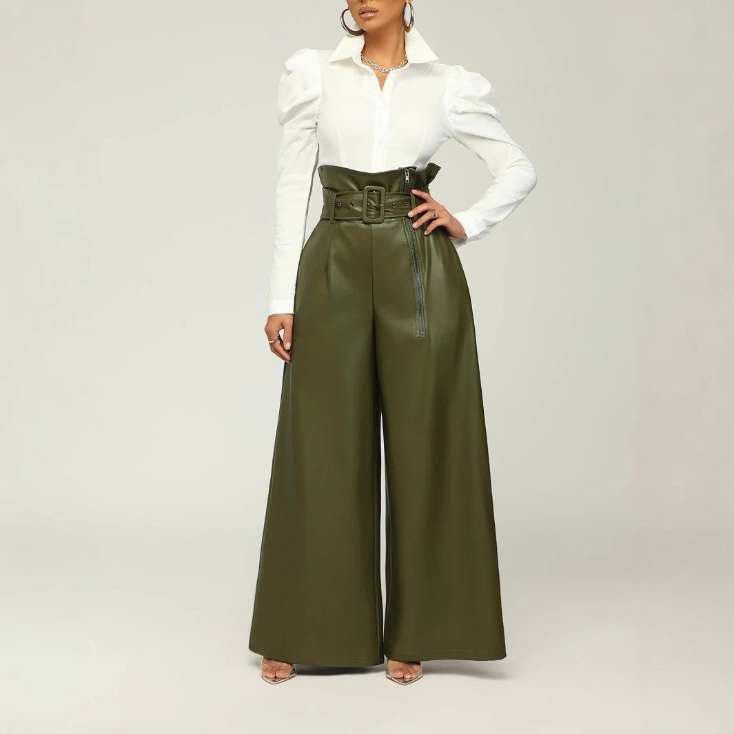 Women's High Waist PU Leather Wide Leg Belted Pants
