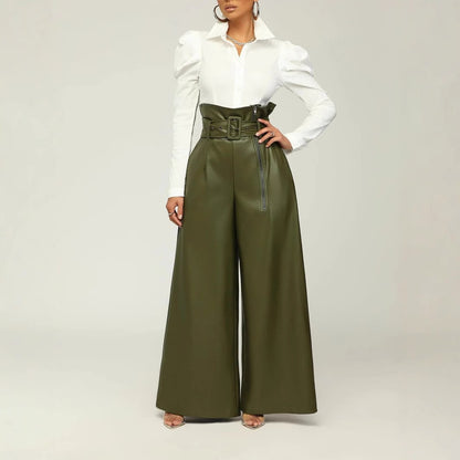 Women's High Waist PU Leather Wide Leg Belted Pants