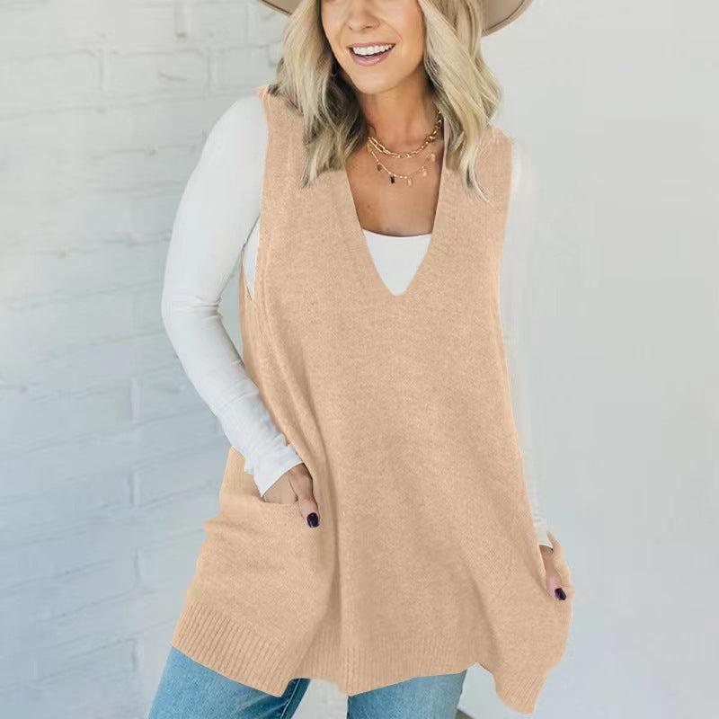 Women's Oversized V-Neck Knit Sweater Vest with Pockets