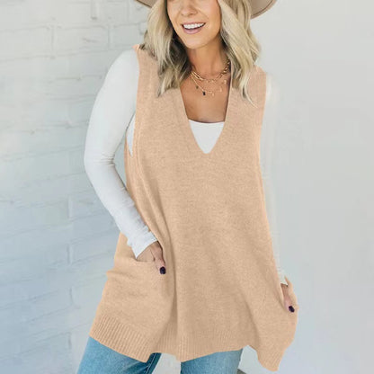 Women's Oversized V-Neck Knit Sweater Vest with Pockets
