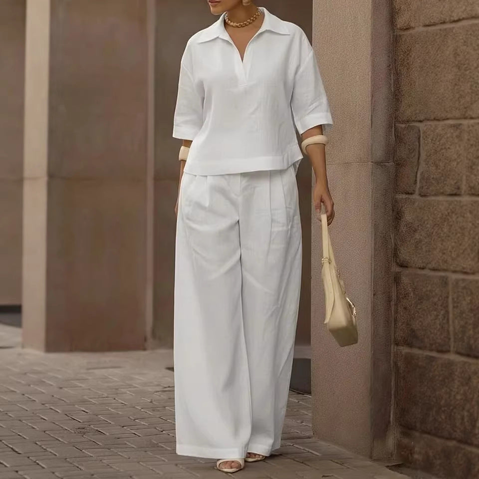Women Oversized Collared Top Wide Leg Pants Matching Set
