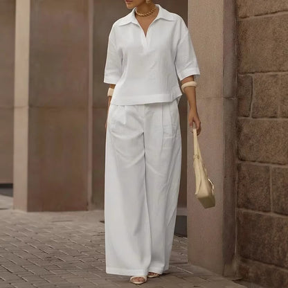 Women Oversized Collared Top Wide Leg Pants Matching Set