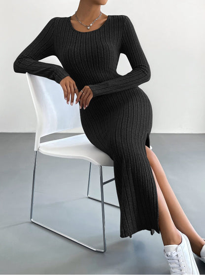 Ribbed Knit Long Sleeve Bodycon Slit Maxi Dress