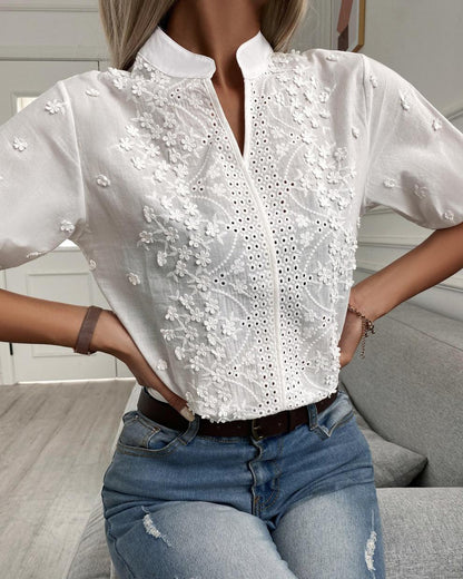 Women's Eyelet Embroidered V Neck White Blouse