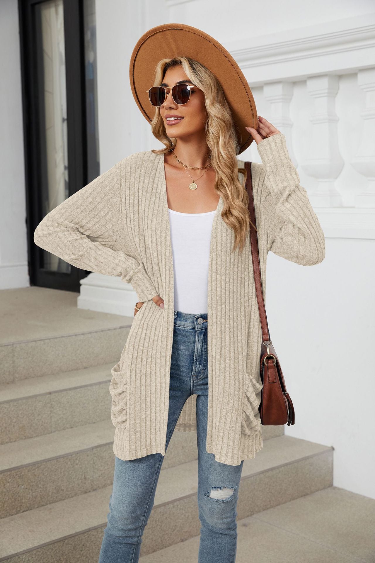 Simple Pocketed Long Sleeve Cardigan Knit Top