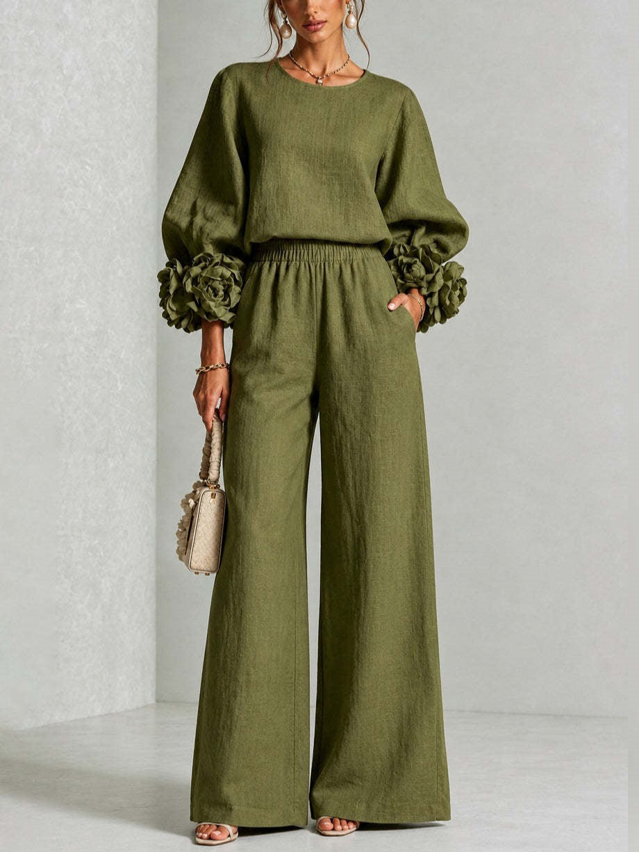 Women's Floral Cuff Top Wide Leg Pants Matching Set