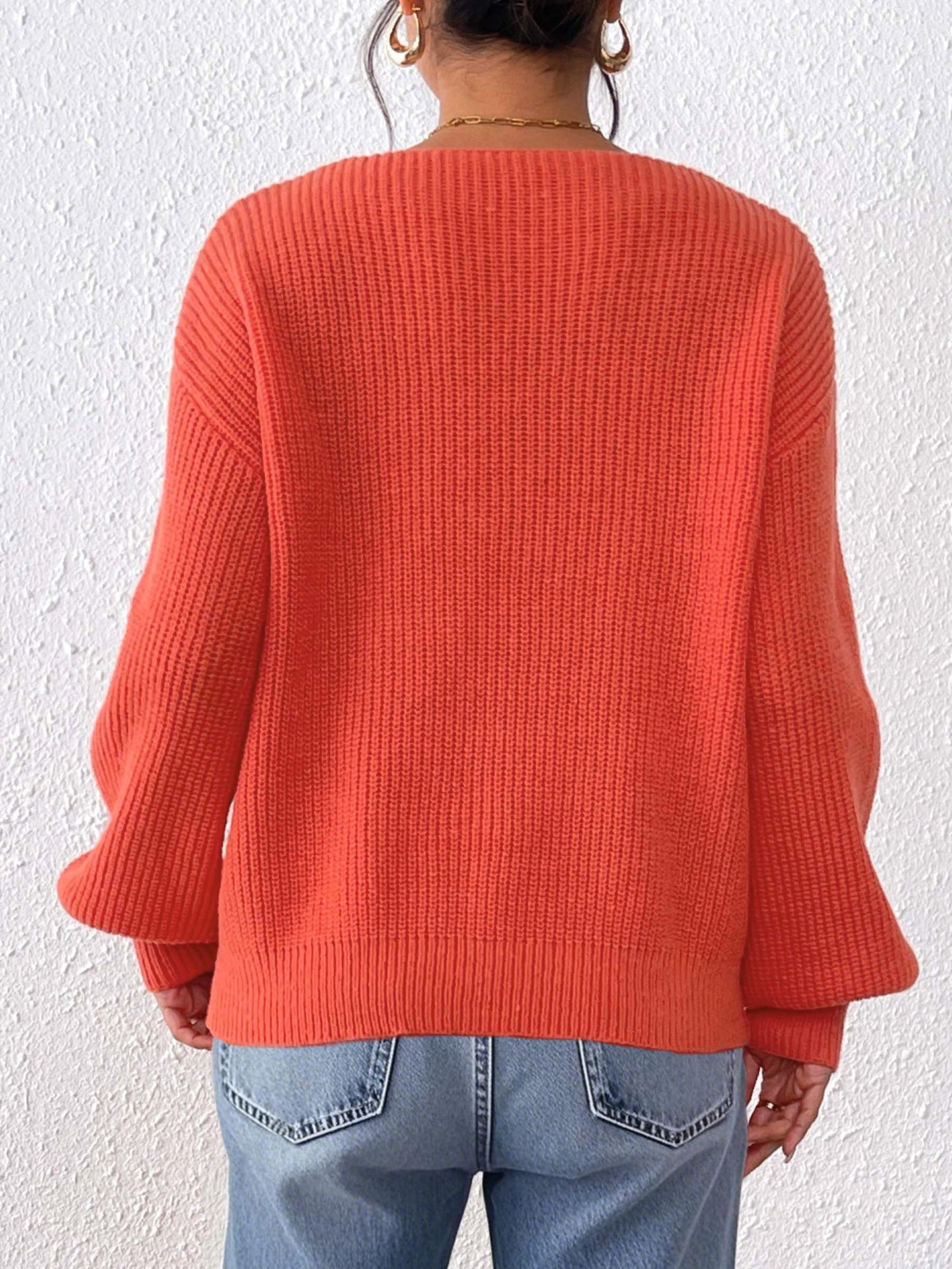 V Neck Knit Pullover Sweater with Lace Heart Detail