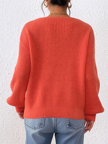 V Neck Knit Pullover Sweater with Lace Heart Detail