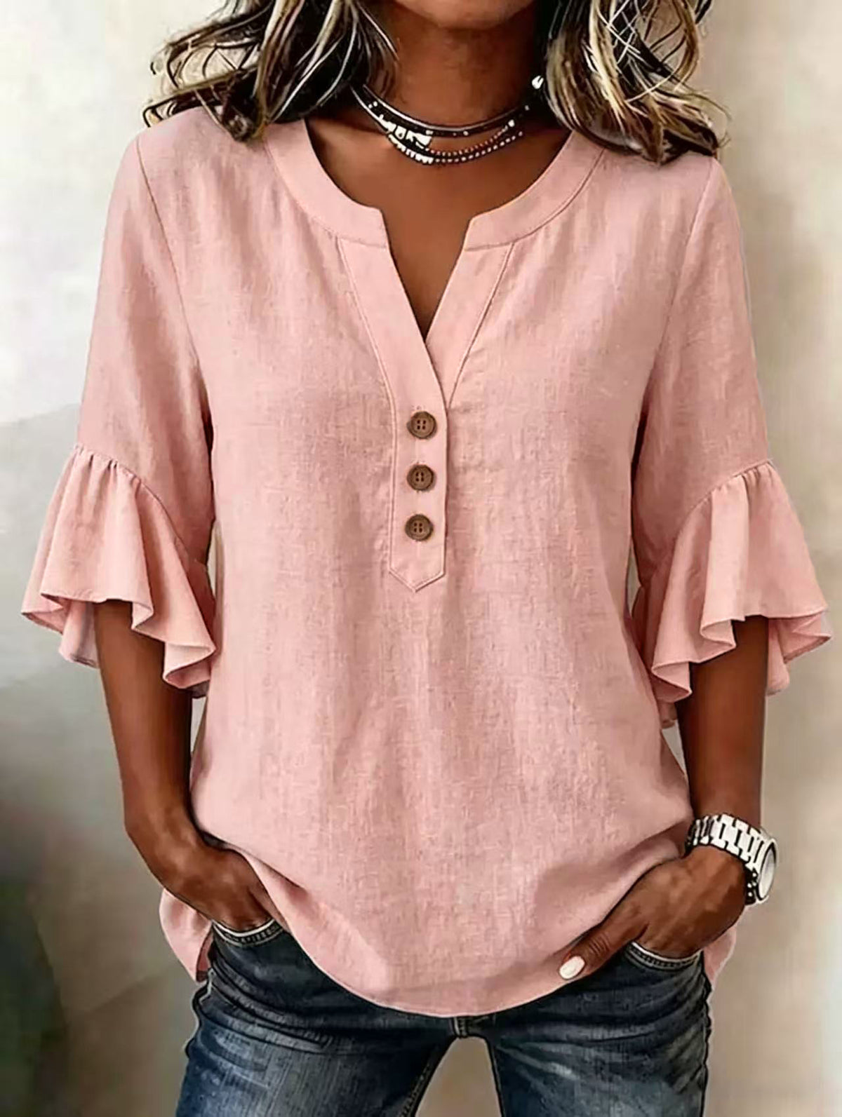 Cotton Linen Blouse V Neck Ruffle Sleeve Women's Top