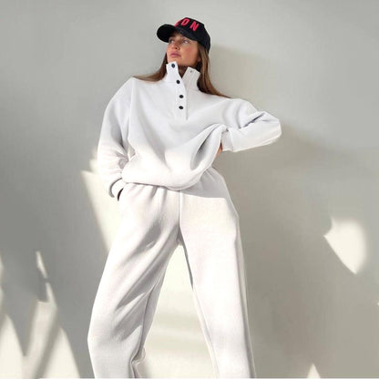 Women's Oversized Fleece Button Mock Neck Sweatsuit Set