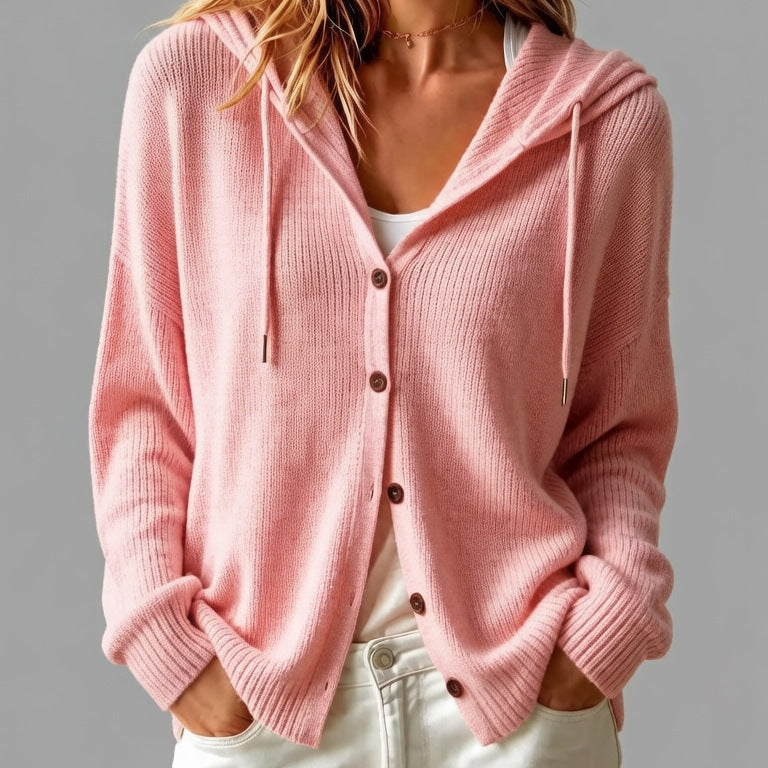 Women's Hooded Button Front Long Sleeve Knit Cardigan