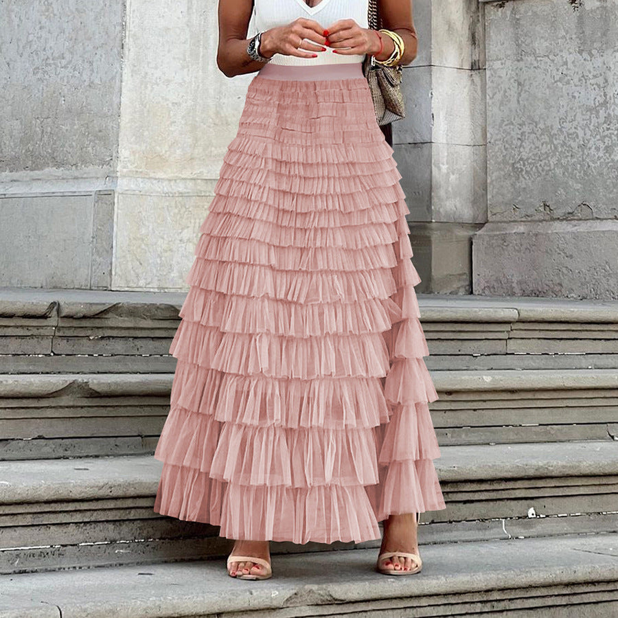 High-Waist Mesh Cake Skirt, Elegant Solid Color Fluffy Long Skirt