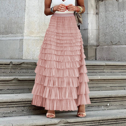 High-Waist Mesh Cake Skirt, Elegant Solid Color Fluffy Long Skirt