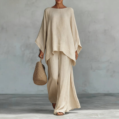 Linen Blend Batwing Top Wide Leg Pants Two Piece Set