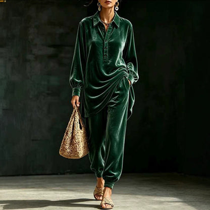Women Oversized Velvet Lounge Set 2 Piece Shirt & Pants