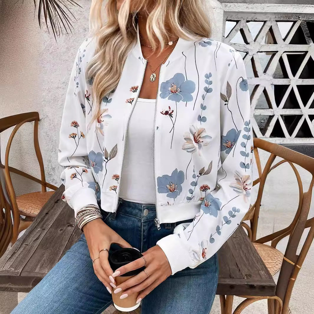 Blue Floral Zip Up Cropped Bomber Jacket