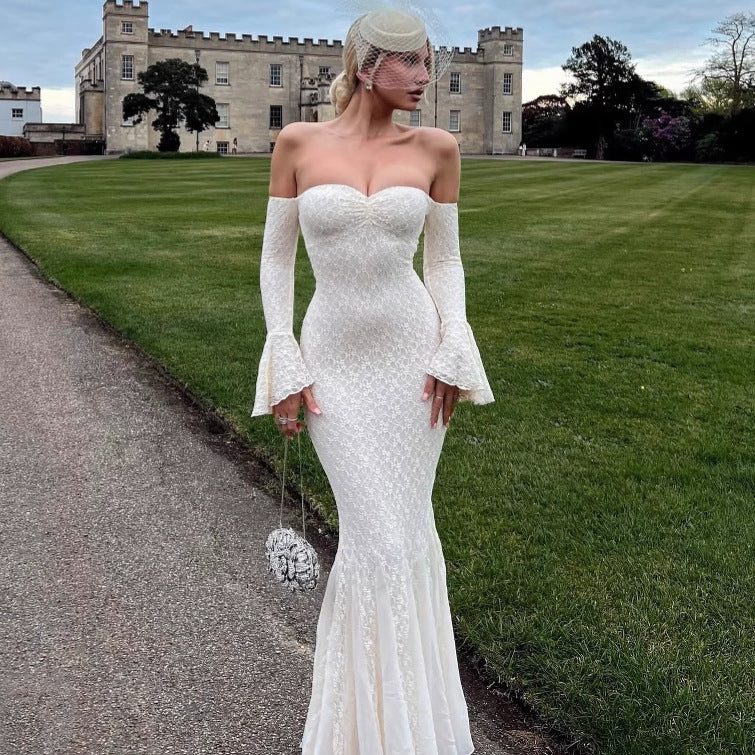 Off Shoulder Lace Maxi Dress Bell Sleeve Mermaid Formal