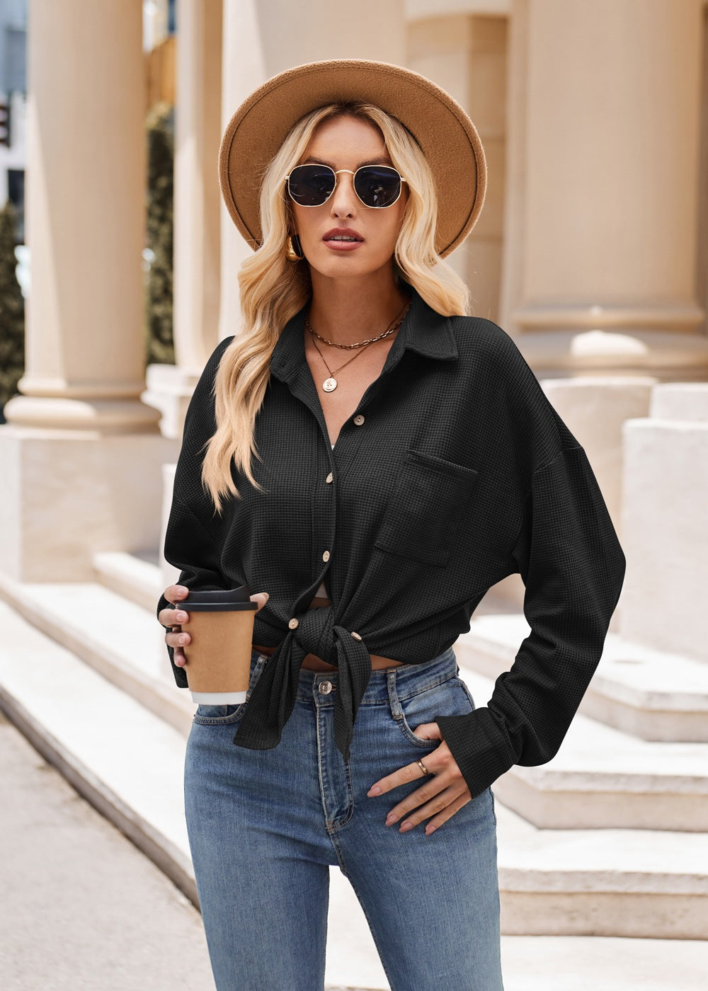 Women’s Casual Loose Fit Button Down Waffle Knit Shirt Jacket