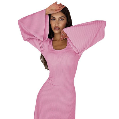 Square Neck Tie Back Long Sleeve Ribbed Maxi Dress