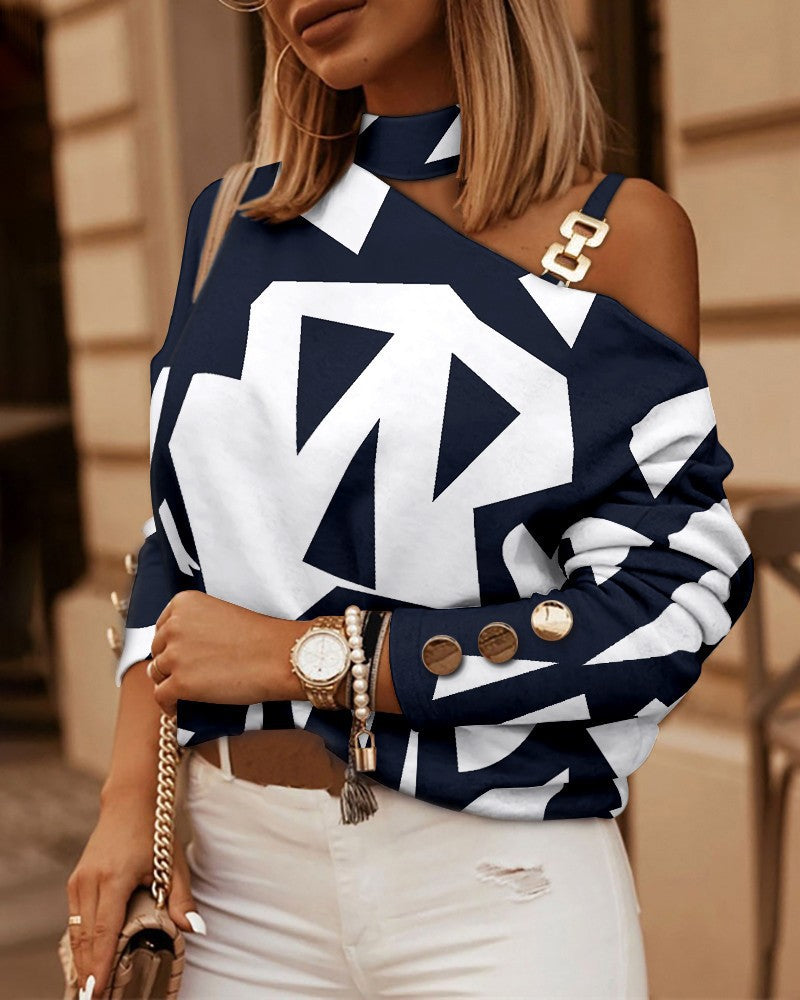 Women's Cold Shoulder Chain Halter Long Sleeve Blouse
