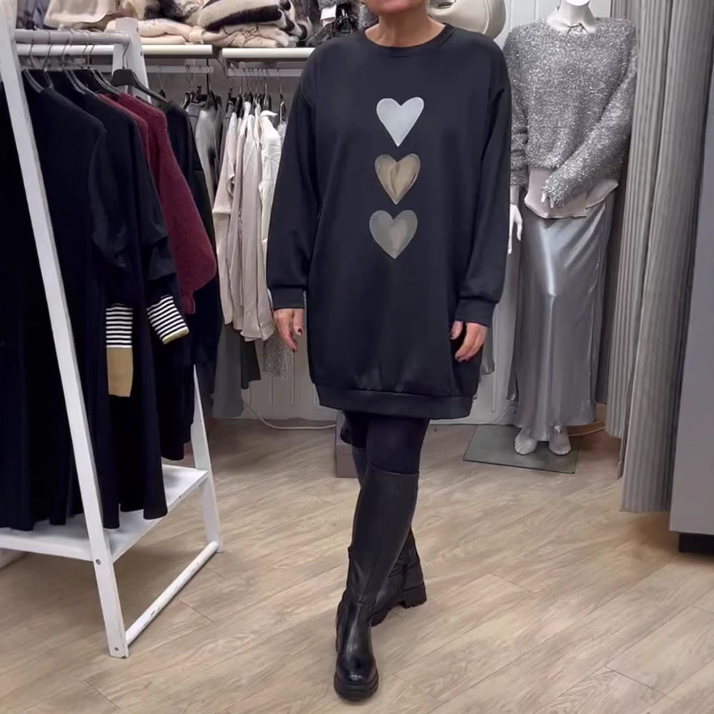 Oversized Heart Sweatshirt Dress Women Long Sleeve Pockets