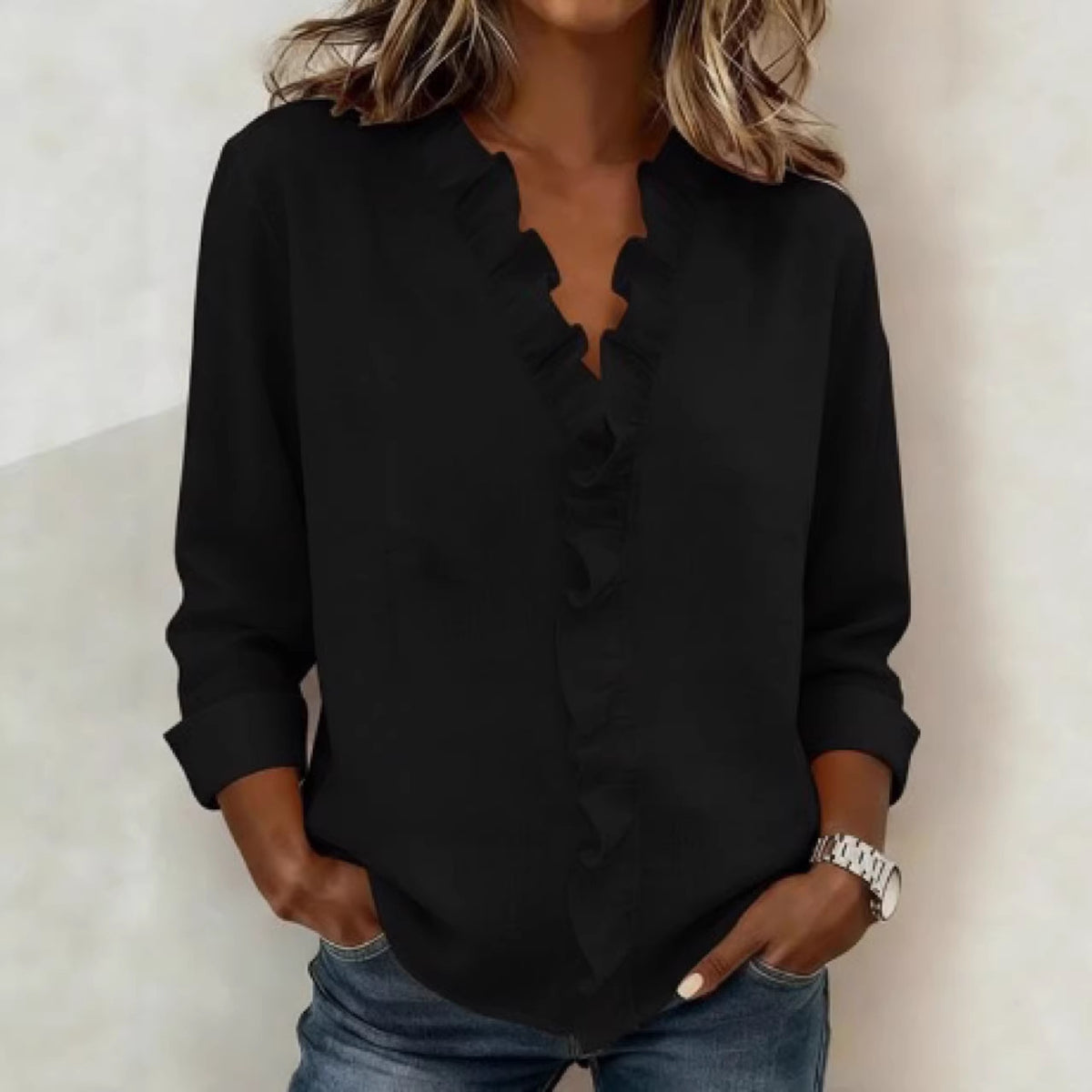 Women's Ruffle V-Neck Long Sleeve Linen Blend Blouse