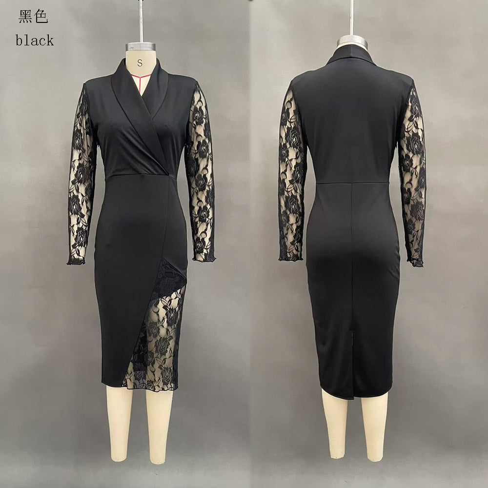 Blazer Dress Sheer Lace Long Sleeve Bodycon Midi