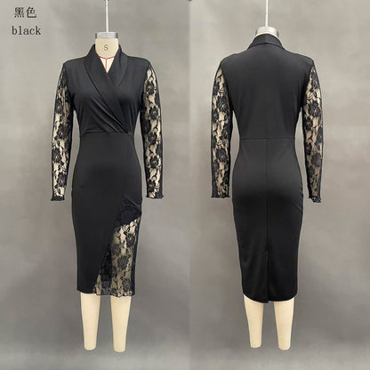 Blazer Dress Sheer Lace Long Sleeve Bodycon Midi