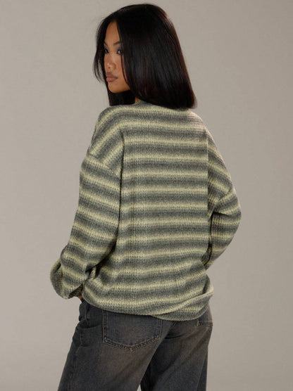 Oversized Striped Crewneck Sweater Casual Drop Shoulder Top