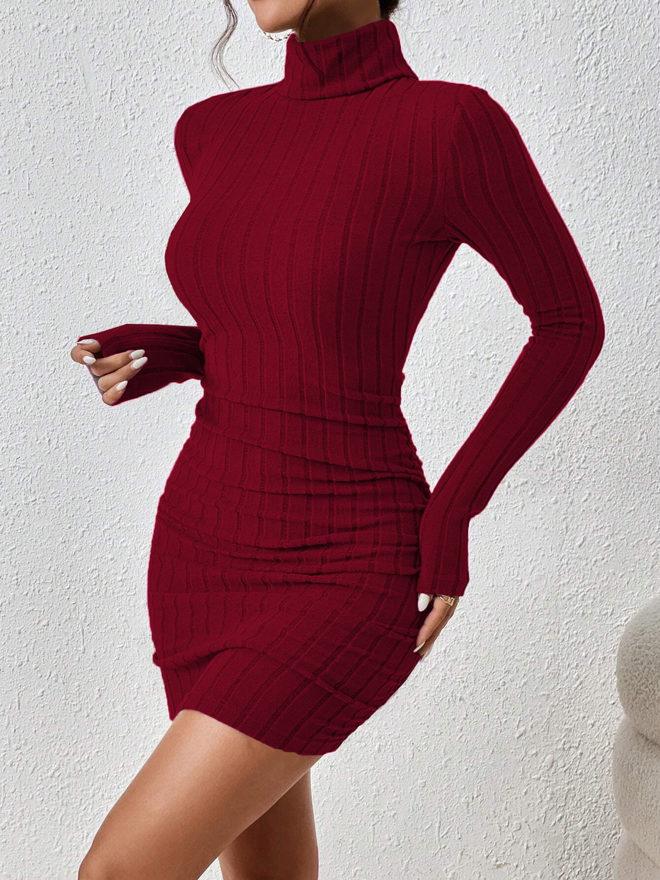 Ribbed Turtleneck Long Sleeve Bodycon Mini Dress