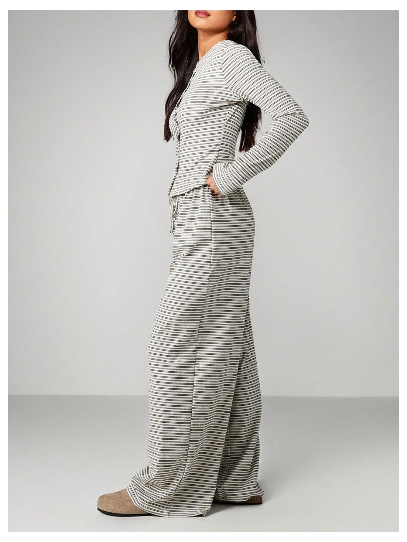 Striped Long Sleeve Top & Wide Leg Pants Two Piece Set