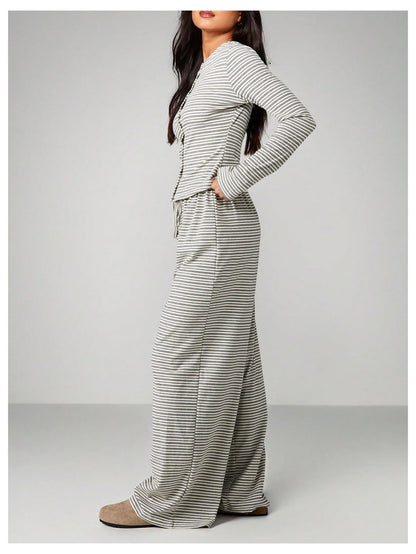 Striped Long Sleeve Top & Wide Leg Pants Two Piece Set